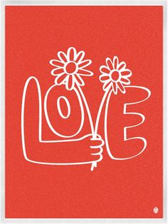 a red background with the word love written in white on it and flowers sticking out of the letters