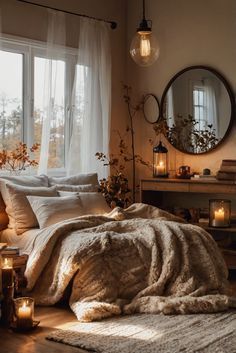 a bedroom with lots of pillows and blankets on the floor next to a large window