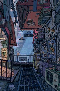 an alleyway with lots of appliances on the floor and hanging lights above it at night