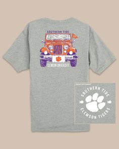 The back view of the Clemson Tigers Heather Front Plate T-Shirt by Southern Tide - Heather Grey Front Plate, Clemson University, Southern Tide, Clemson Tigers, Plate Design, Comfort Style, Men Short Sleeve, Tigers, Cotton T Shirt