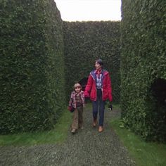 a woman and child are walking through the mazes in an area that looks like hedges