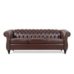 a brown leather couch with buttons on the arm and arms, sitting against a white background