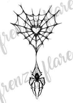 a black and white drawing of a spider hanging from a web