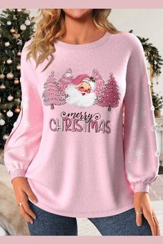 ROTITA Button Christmas Print Light Pink Round Neck Sweatshirt Low V Neck Dress, Trendy Tops For Women, Christmas Print, Round Neck Sweatshirts, Long Sleeve Sweatshirt, Women Hoodies Sweatshirts, Short En Jean, Plus Size Swimwear, Trendy Tops