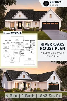 the river oaks house plan is shown in two different styles and sizes, with an open