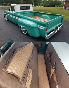 two pictures of the inside and outside of an old pickup truck