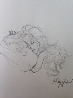 a drawing of a woman with long hair and eyes closed, laying down on her stomach