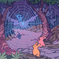 an image of a spider web in the woods with two bears and one bear looking at it