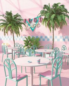 a pink and blue restaurant with palm trees on the wall, tables and chairs in front of it