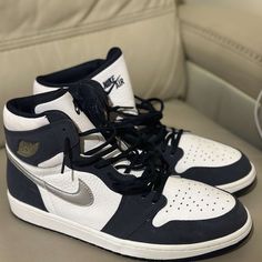 Air Jordan 1 Blue White And Silver Us 12 Men New Never Worn(No Box) (Midnight Navy) Jordan 1 Navy Blue, Air Jordan 1 Blue, Aesthetic Nike, Jordan 1 Blue, Nike Shoes Air, Pretty Sneakers, Black Basketball Shoes, Jordan Shoes Retro, All Nike Shoes