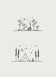 two black and white drawings of trees, a house and a camper's tent