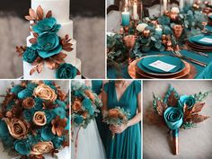 a collage of photos with blue and gold flowers