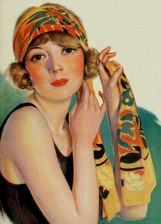 a painting of a woman with a scarf around her neck and hands on her head