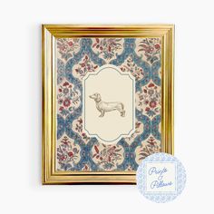 a golden frame with a dachshund dog on it and a blue floral background