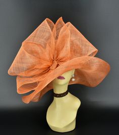 "✿*.Key Features: 100% high quality Sinamay woven material, wide brim with Jumbo bows. It's more beautiful in person! Light and comfortable! Great for Kentucky derby, weddings, Royal Ascot, horse races, cocktails, tea party, or any hat wearing occasion. Hat base size: From front to back appr: 20.5\" (52cm) From left to right appr: 21.25\" (54cm) Wide brim Appr: 7~8\" Head girth: 22.5\" (57cm) , adjustable string inside to make smaller to fit your head. If you want other colors in this style, jus Chic Wide Brim Sinamay Hat, Summer Sinamay Top Hat With Curved Brim, Adjustable Wide Brim Sinamay Fascinator, Summer Cloche Hat Made Of Sinamay, Summer Sinamay Cloche Hat, Formal Summer Sinamay Top Hat, Elegant Orange Adjustable Hat, Summer Formal Sinamay Top Hat, Elegant Orange Summer Costume Hat