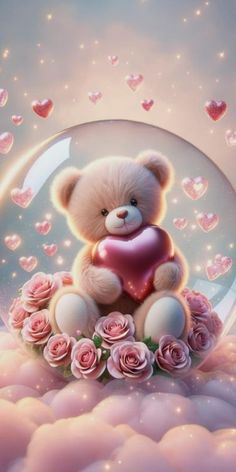 a teddy bear holding a heart in a bubble with pink roses and hearts floating around