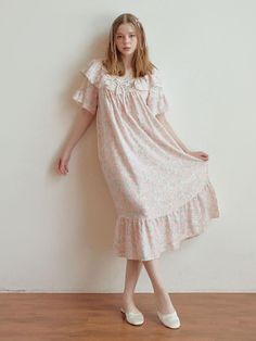 Composition : Outshell  :100% Cotton ( double gauze) Color : Pink Country of Origin : Republic of Korea Short Sleeve Floral Print Dress For Loungewear, Cotton Midi Dress With Ruffles And Short Sleeves, Short Sleeve Ruffled Midi Dress For Daywear, Feminine Ruffled Short Sleeve Dress, Feminine Short Sleeve Dress With Ruffles, Feminine Short Sleeve Ruffled Dress, Pink Short Sleeve Loungewear Dress, Cotton Short Sleeve Midi Dress For Daywear, Pink Short Sleeve Dress For Loungewear