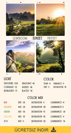 a poster with four different pictures and the words lightroom, sun set, color mix