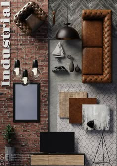 an overhead view of a living room with brick walls and furniture, including a tv