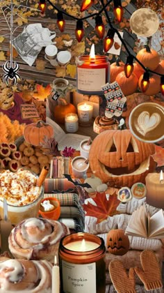 a collage of pumpkins, cookies and candles