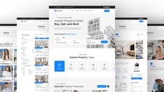 the website design for real estate agent, property listing and rentals is displayed in three different screens