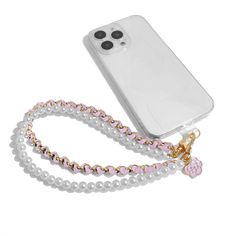 a cell phone case with a pink and white beaded lanyard attached to it