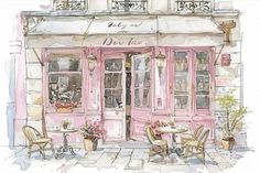 a watercolor drawing of a restaurant with pink doors and tables in front of it