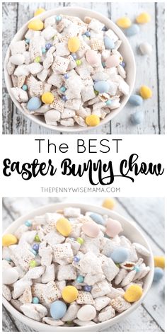 the best easter bunny chow recipe is made with marshmallows, eggs and candy