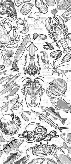 an ocean scene with fish, crabs and other marine creatures in black and white ink