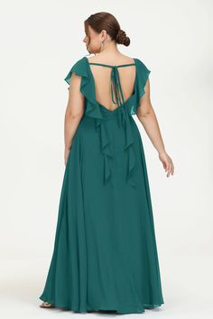 V Neck Flutter Sleeves Floor Length Dress With Ruffles – DUNTERY Elegant Flowy Chiffon Ruffle Dress, Chiffon Maxi Dress With Ruffles For Wedding, Chiffon Bridesmaid Dress With Ruffles, Flowy V-neck Dresses For Gala, Elegant Green Backless Dress With Tie Back, Flowy Ruffled Maxi Dress For Bridesmaids, V-neck Chiffon Dress With Ruffles For Prom, Bridesmaid Chiffon Dress With Ruffles, Summer Chiffon Dresses With Sweep Train