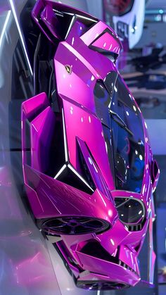 a futuristic purple helmet on display in a room