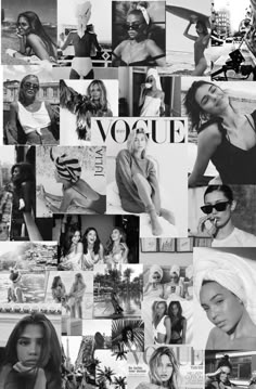 black and white photo collage featuring women in bathing suits, turbans, and sunglasses