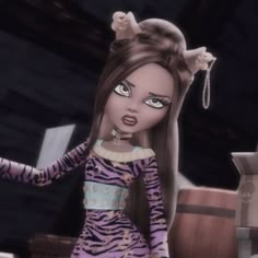 a cartoon girl with long hair and an animal print dress