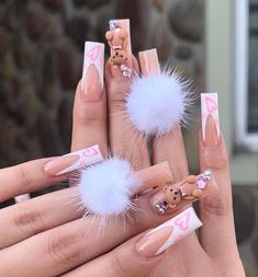 Pom Nails, Gender Reveal Nails, Nail Parlour, Kawaii Nail Art, Bunny Nails