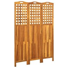 a wooden room divider with lattices on the top and bottom panel, in front of a white background