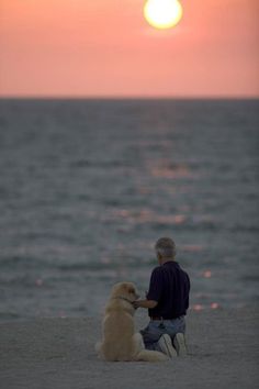 a man and his dog sitting on the beach watching the sun set over the ocean