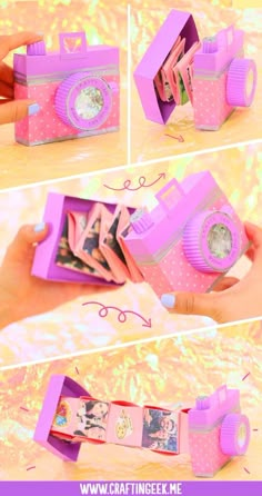 an image of a pink camera with pictures in it's box and instructions to make it