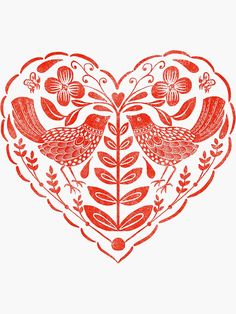 a red heart with two birds and flowers in the shape of a heart on a white background