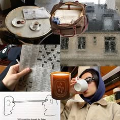 a collage of photos with coffee cups and newspaper