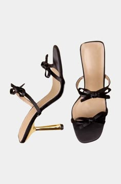 Charlotte Mini Bow Heels with gold stiletto and open toe design Black Stilleto Heels, Black Heels With Bow, Ribbon Heels, Gold Stiletto Heels, Gold Stilettos, Bow Heels, Mini Bows, Cute Heels, Bow Shoes