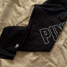 Pink Victoria Secret Black Leggings. Pink In White Letters On Leg Sleeve, Brand New, Never Worn, Brand New, No Tag Stretchy, Yoga Leggings. Black Letter Print Workout Pants, Activewear With Letter Print Long Pants, Victroia Secret Leggings, Leg Sleeves, White Letters, Pink Leggings, Black Jumpsuit, Yoga Leggings, Black Leggings