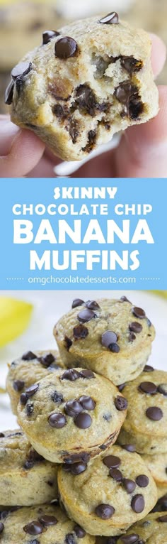 Skinny Chocolate Chip Banana Muffins is EASY and HEALTHY BREAKFAST RECIPE for busy mornings!!! Easy And Healthy Breakfast, Banana Split Dessert, Healthy Breakfast Recipe, Banana Muffin Recipe, Banana Chocolate Chip, Chocolate Chip Muffins