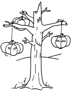 an apple tree with three apples hanging from it's branches, and two pumpkins on