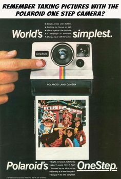 an advertisement for polaroid's one step camera with a hand pointing at it