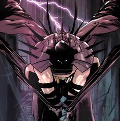 a batman standing in the rain with his arms out and lightning coming from behind him