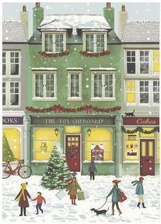 a painting of people walking in front of a building with christmas decorations on the windows