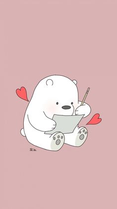 a polar bear holding a tablet with hearts on it's arms and writing something