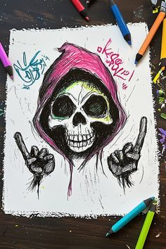 A colorful easy graffiti drawings skull with vibrant hues and expressive lines, capturing the essence of street art. Skull Drawing