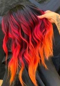 Rainbow Hex Codes, Brown Hair With Orange, Hair Color Patterns, Bright Red Hair Color, Dark Brown Hair With Blonde Highlights, Easy Top Knot, Flame Hair, Hair Colors Ideas, Light Pink Hair