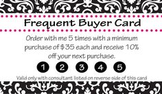 a black and white background with the text, frequent buyer card order within 5 times with a maximum purchase of $ 65 each and receive 10 % off your next purchase